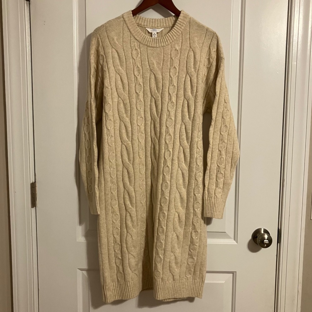 Time and Tru Womens Beige Cable Knit Sweater Dress Long Sleeve Crew Neck Medium